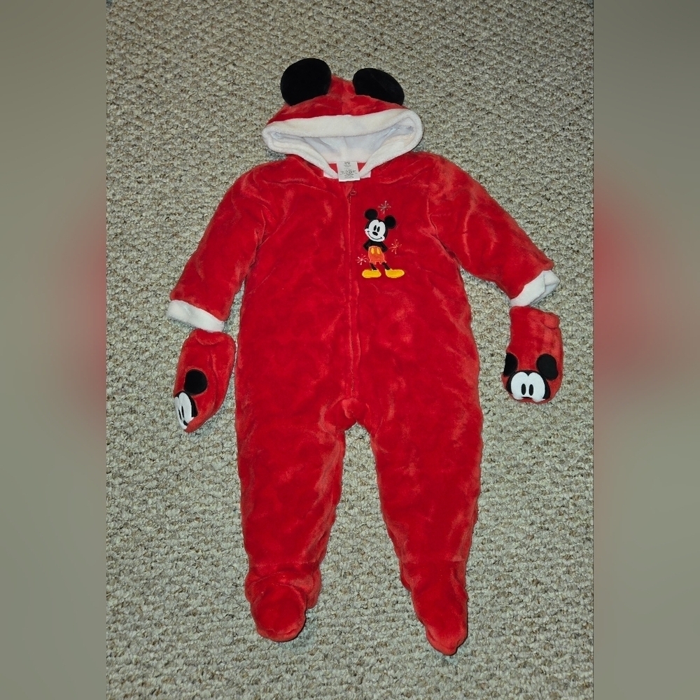 Disney Store Mickey Mouse Red Velvet Plush 1-Pc 12-18 mo Baby Outfit Hood~Ears